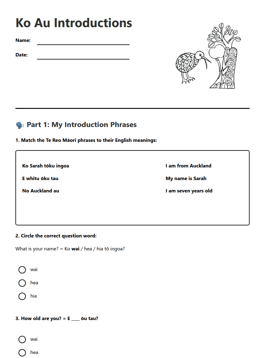 Ko Au Introductions worksheet preview
