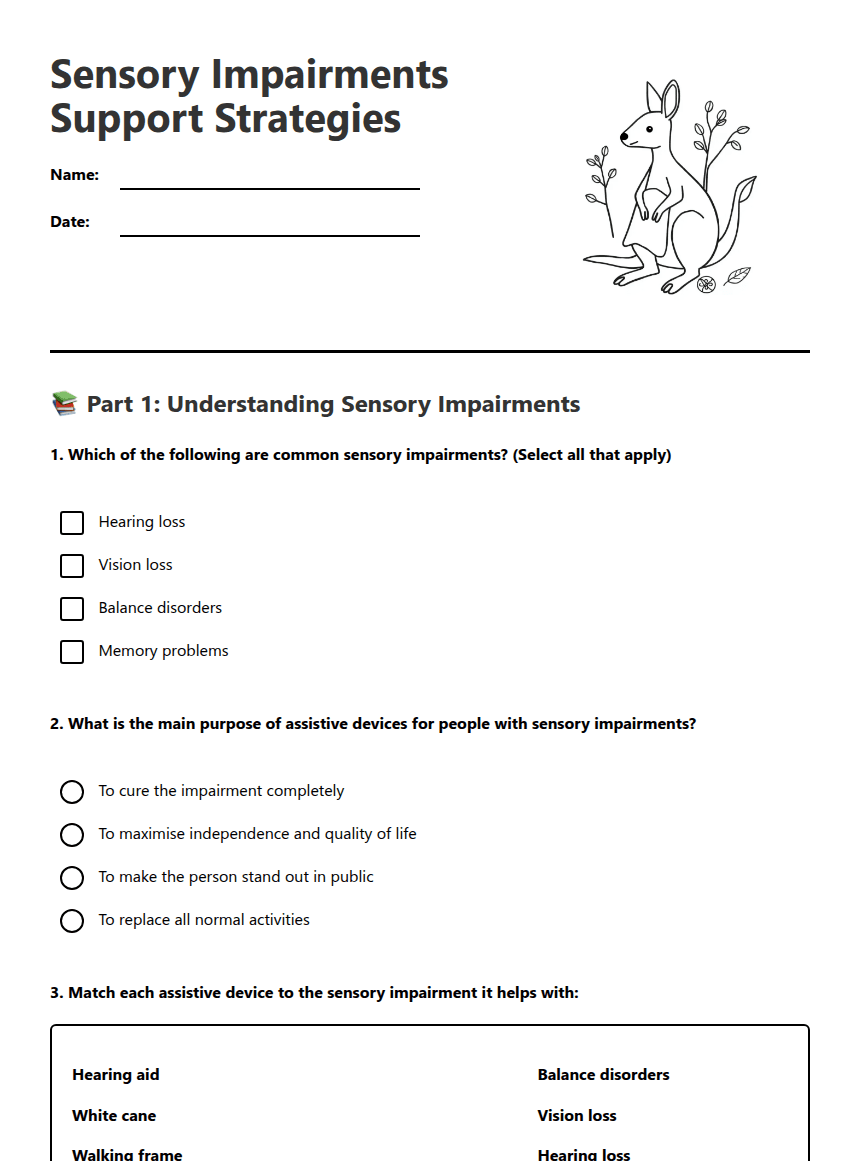 Sensory Impairments Support Strategies worksheet preview
