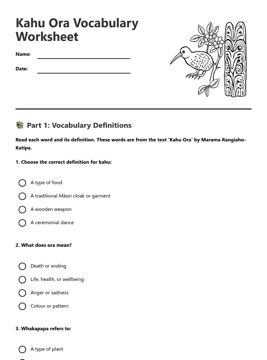 Kahu Ora Vocabulary Worksheet worksheet preview