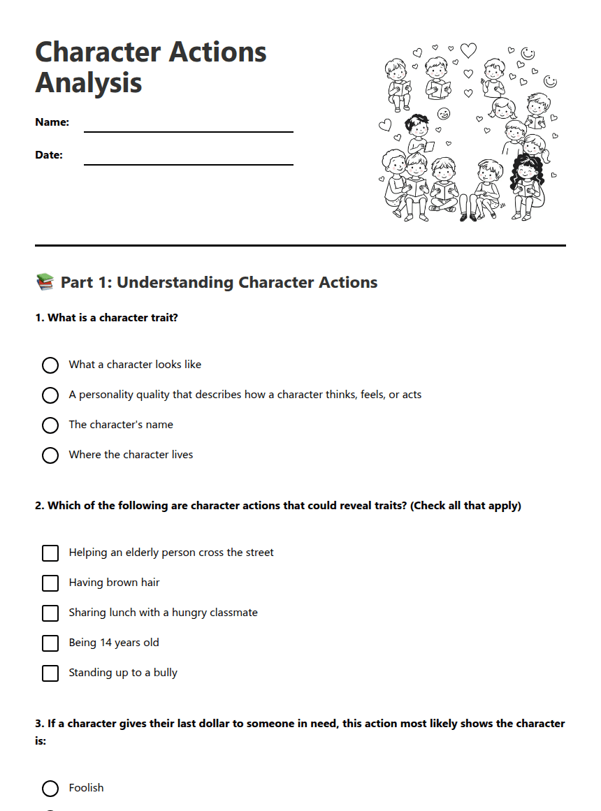 Character Actions Analysis worksheet preview