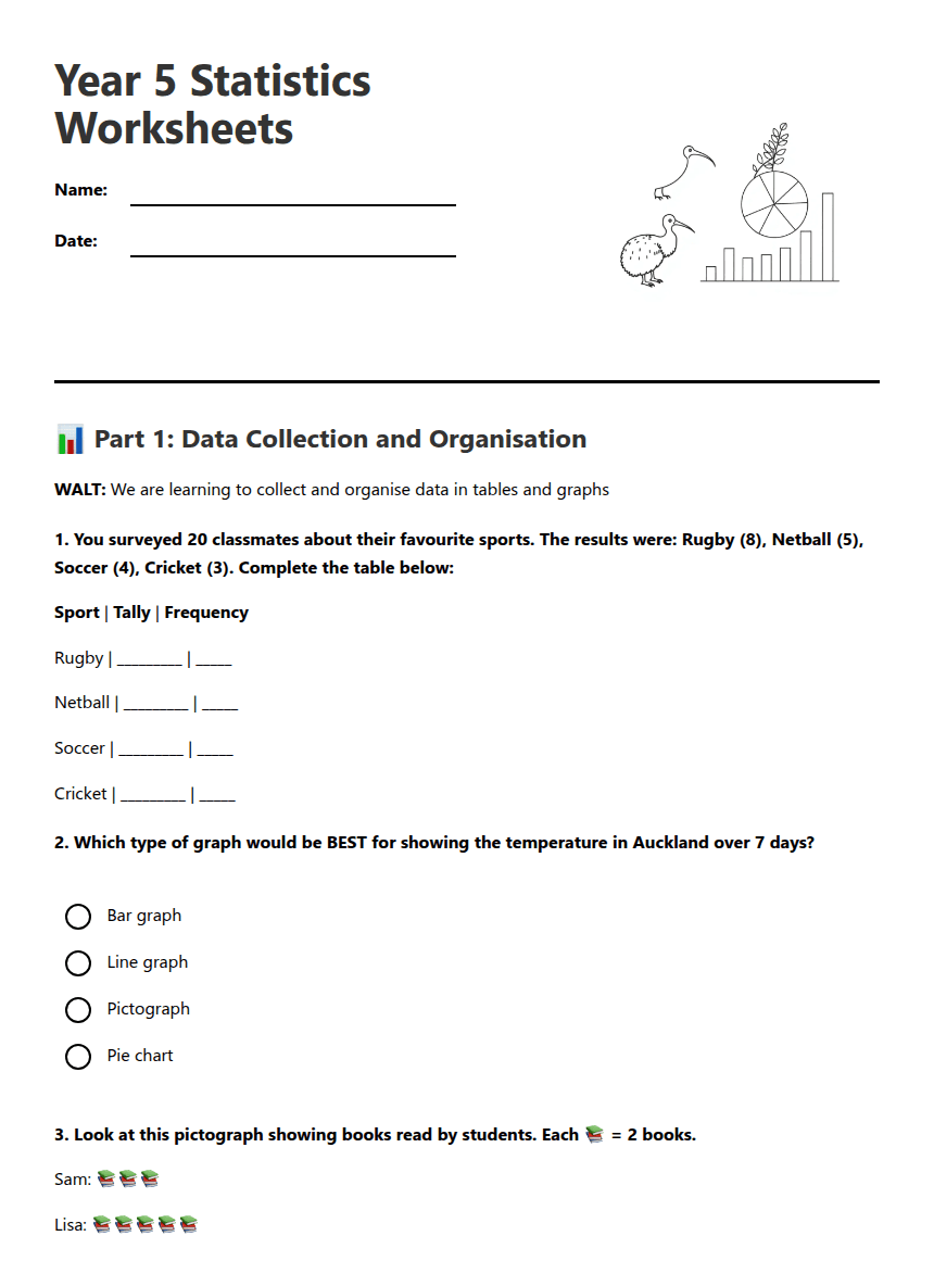 Year 5 Statistics Worksheets worksheet preview