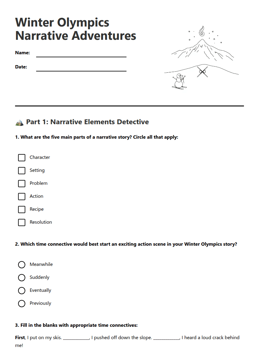 Winter Olympics Narrative Adventures worksheet preview