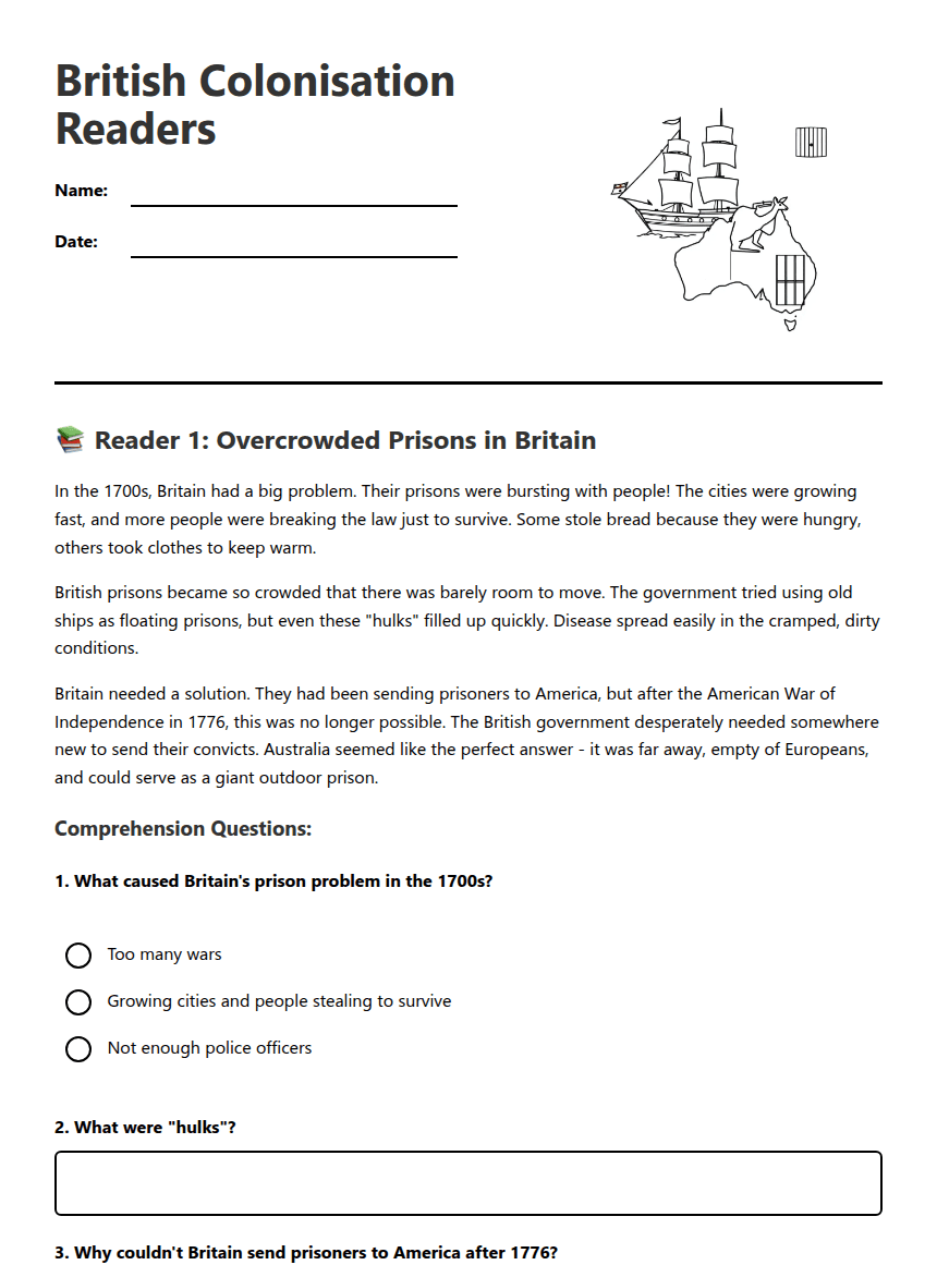 British Colonisation Readers worksheet preview