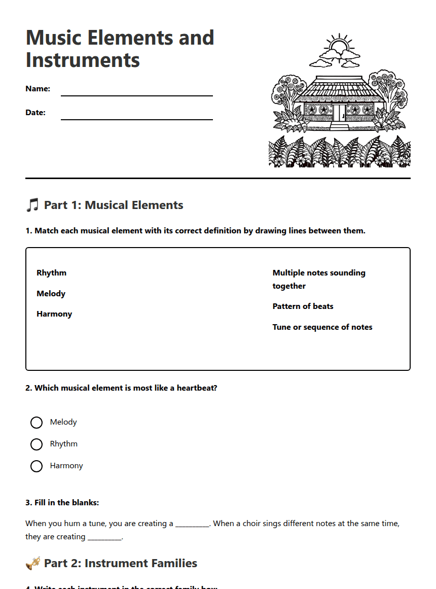 Music Elements and Instruments worksheet preview
