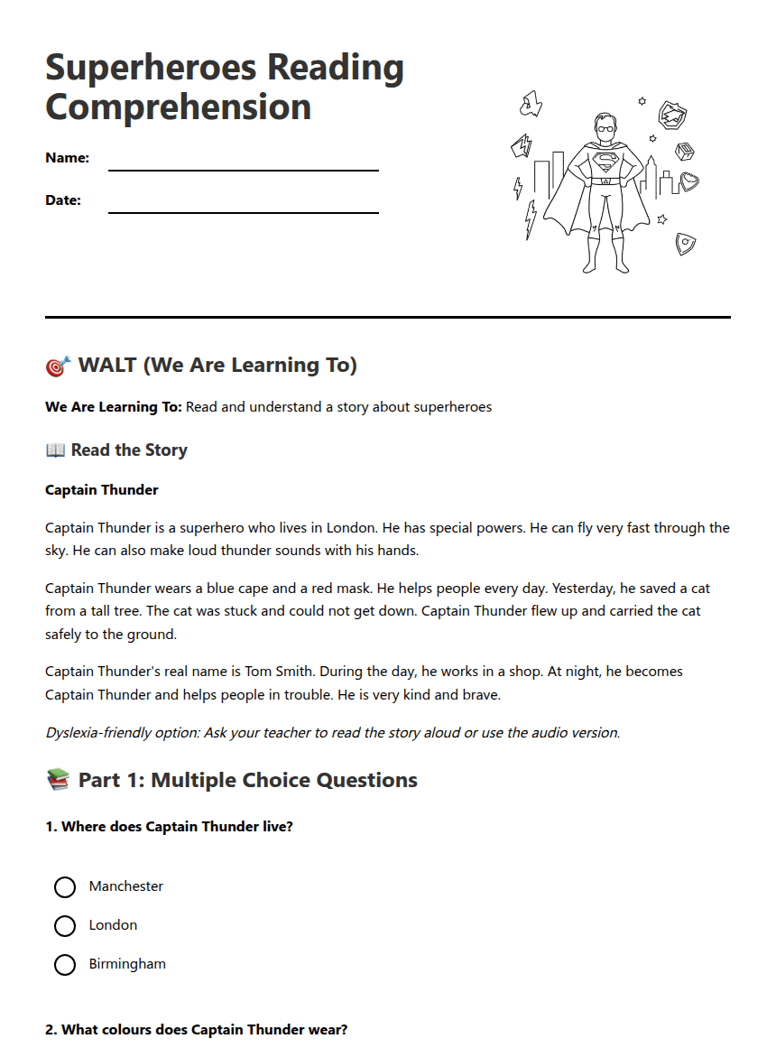 Superheroes Reading Comprehension worksheet preview