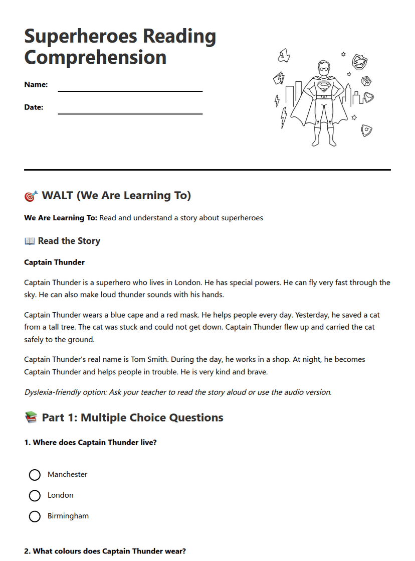 Superheroes Reading Comprehension