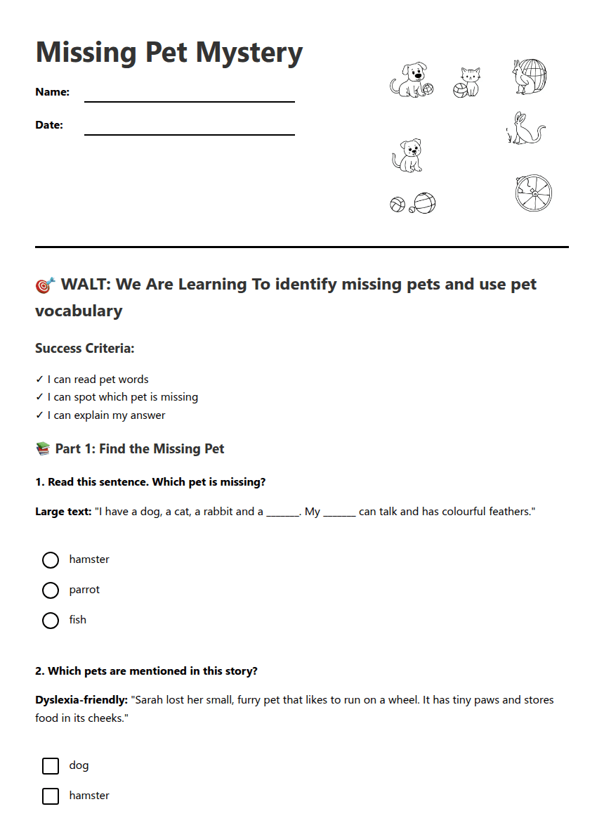 Missing Pet Mystery worksheet preview