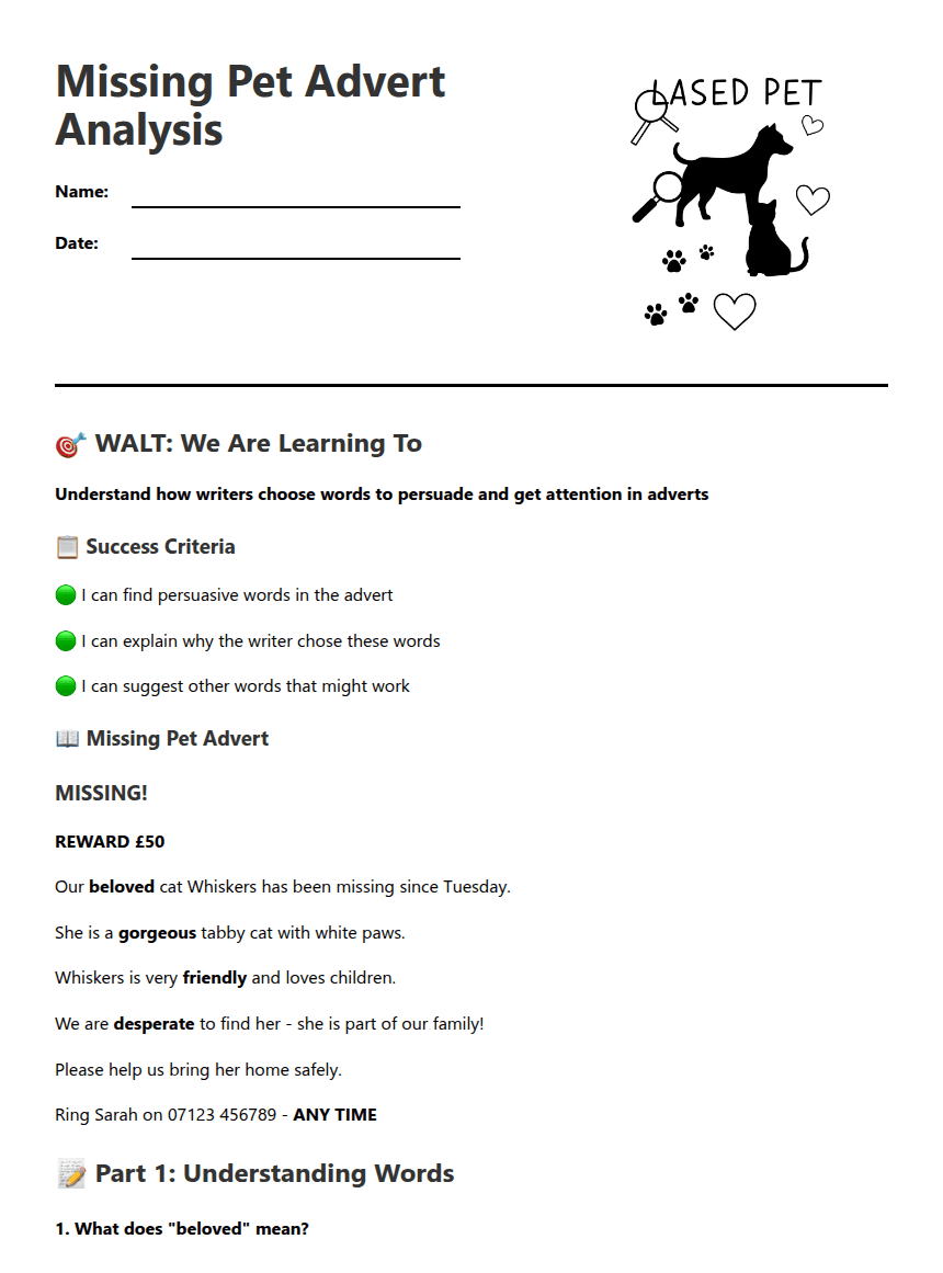 Missing Pet Advert Analysis worksheet preview