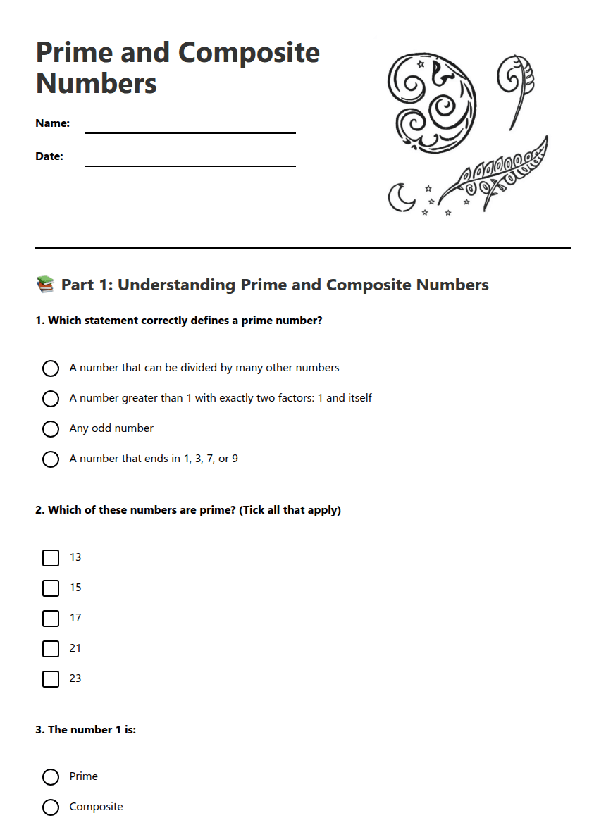 Prime and Composite Numbers worksheet preview