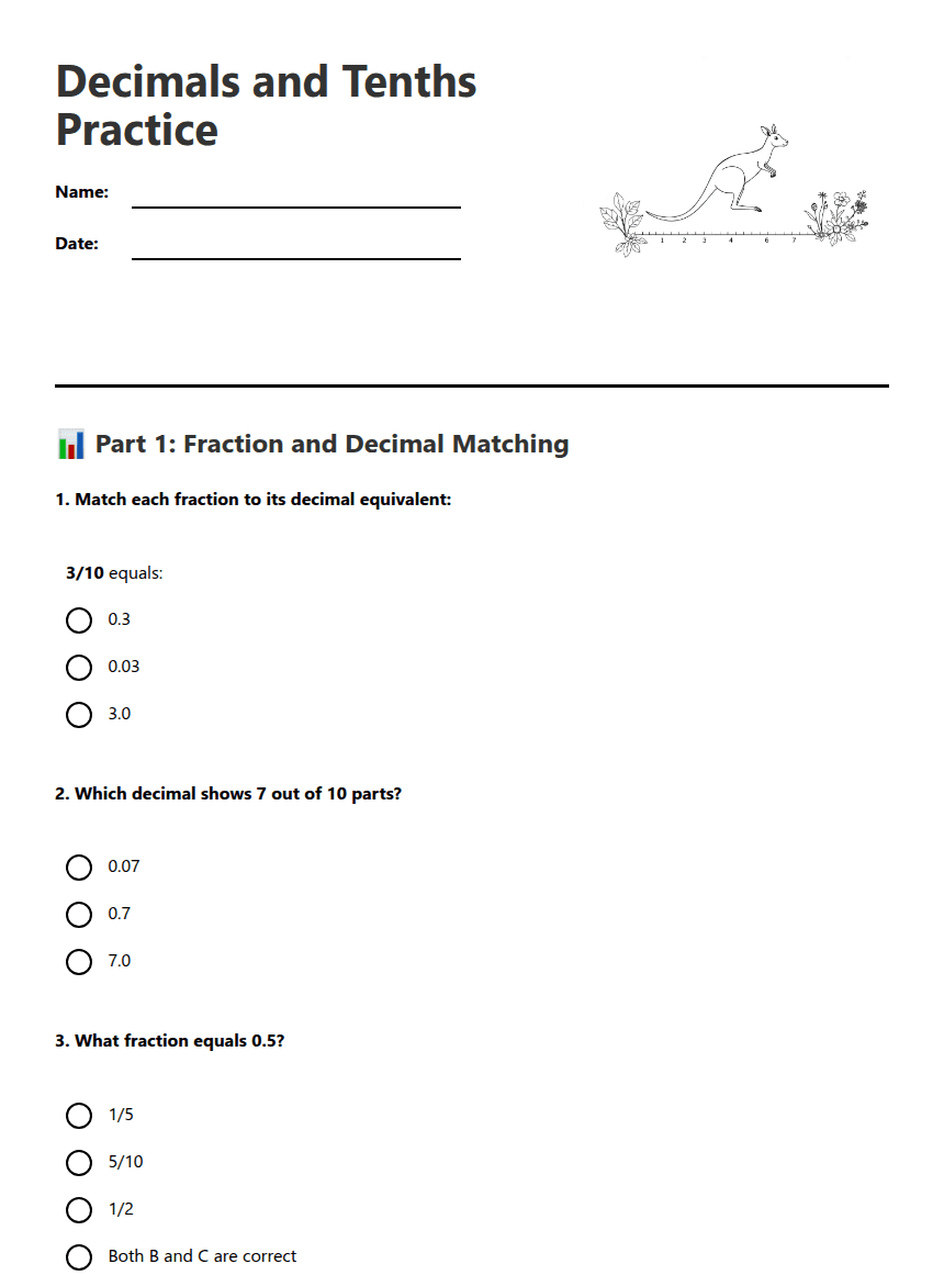 Decimals and Tenths Practice worksheet preview
