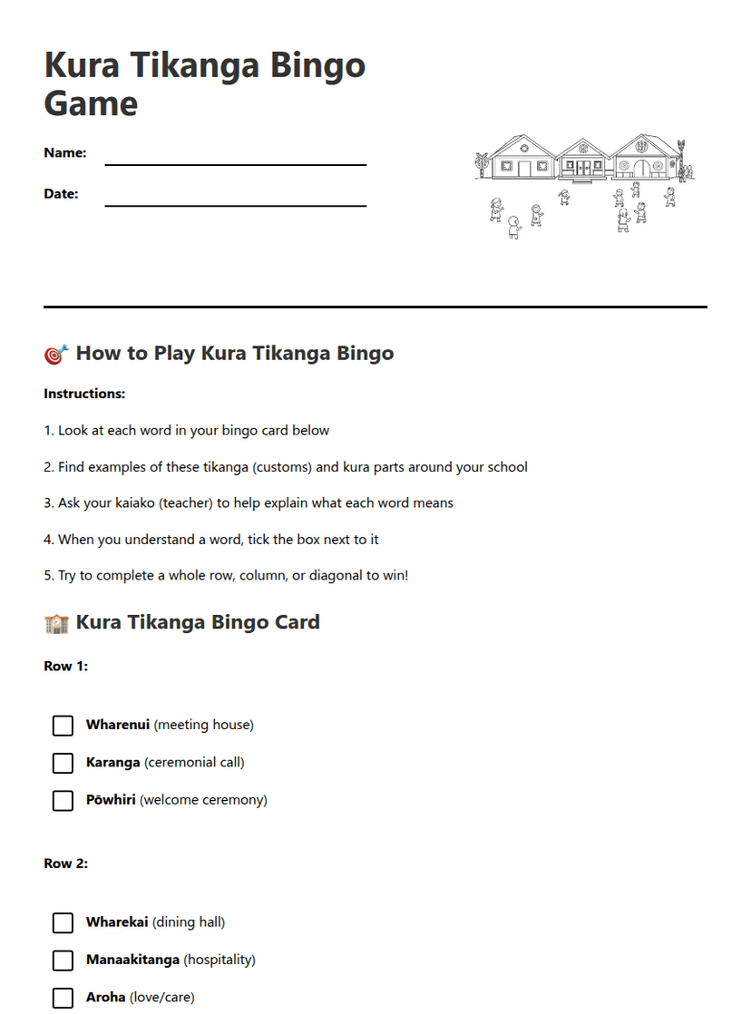 Kura Tikanga Bingo Game