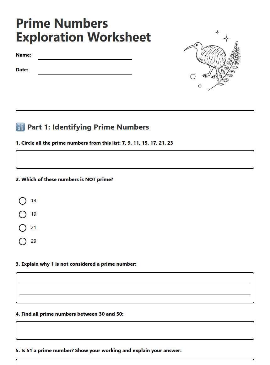 Prime Numbers Exploration Worksheet worksheet preview