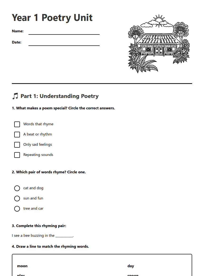 Year 1 Poetry Unit worksheet preview