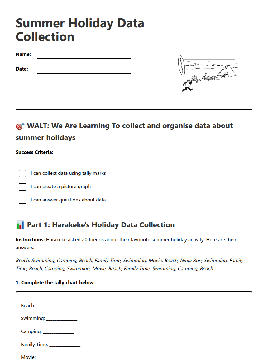 Summer Holiday Data Collection worksheet preview