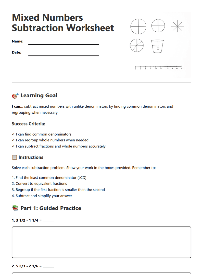 Mixed Numbers Subtraction Worksheet