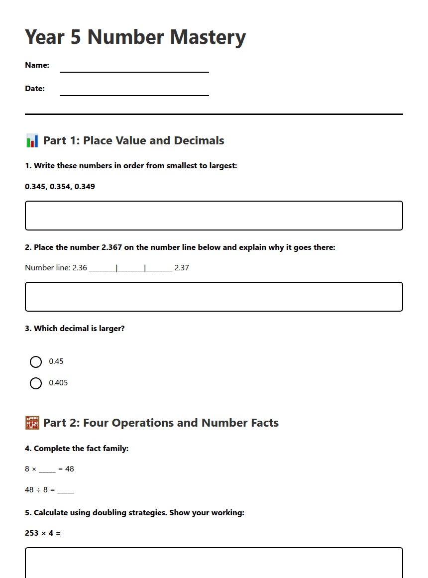 Year 5 Number Mastery worksheet preview