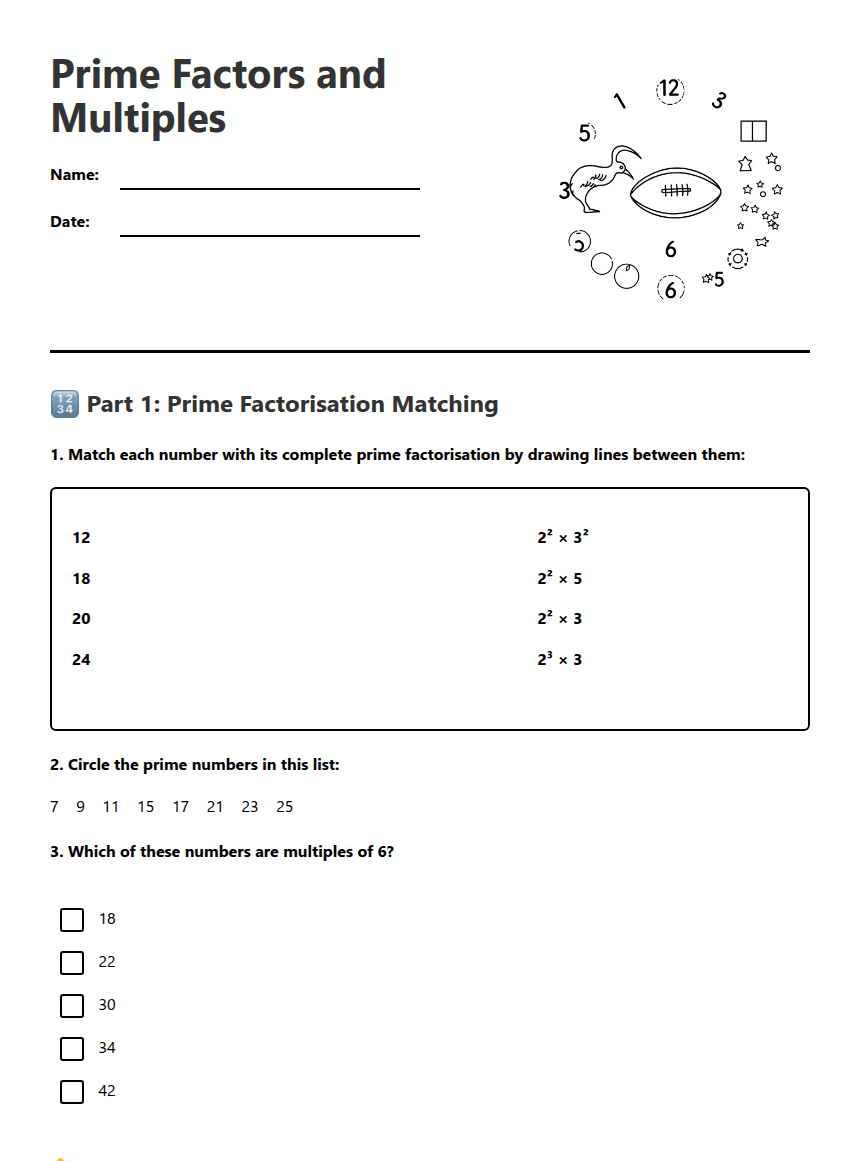 Prime Factors and Multiples worksheet preview