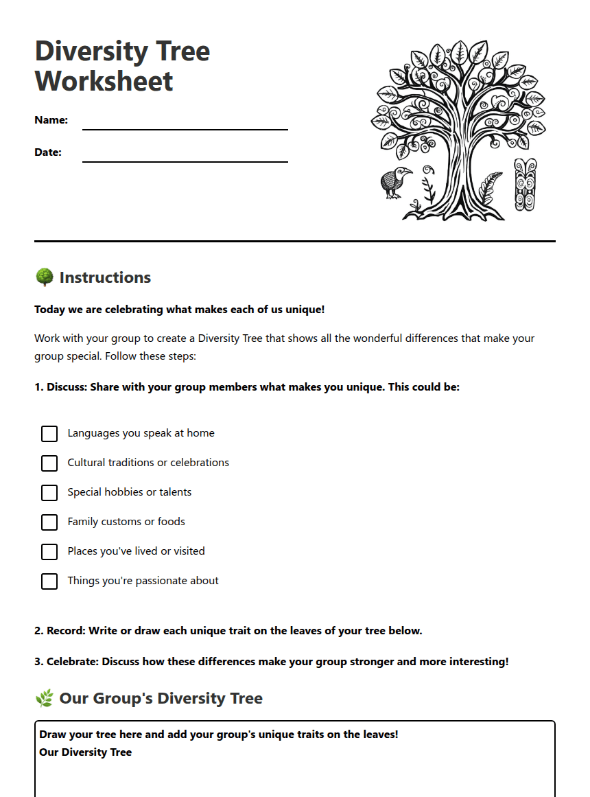 Diversity Tree Worksheet worksheet preview