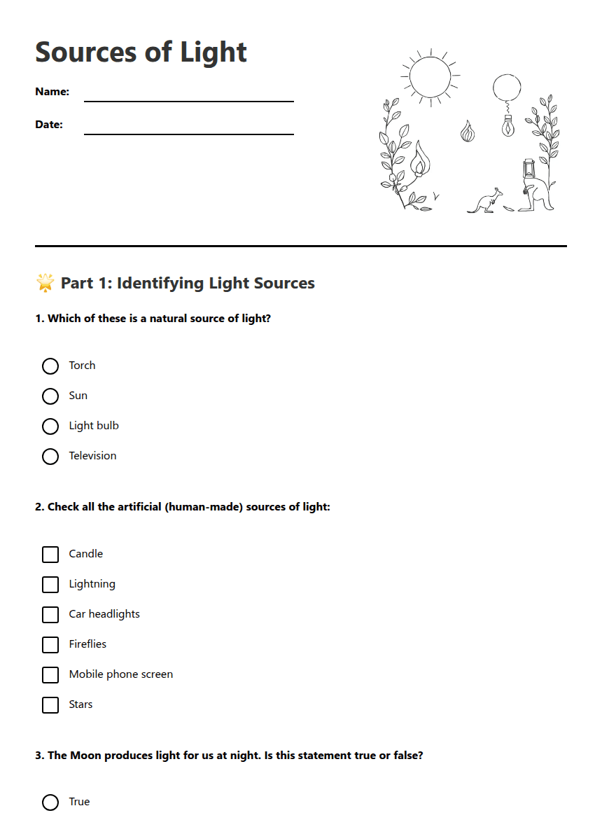Sources of Light worksheet preview