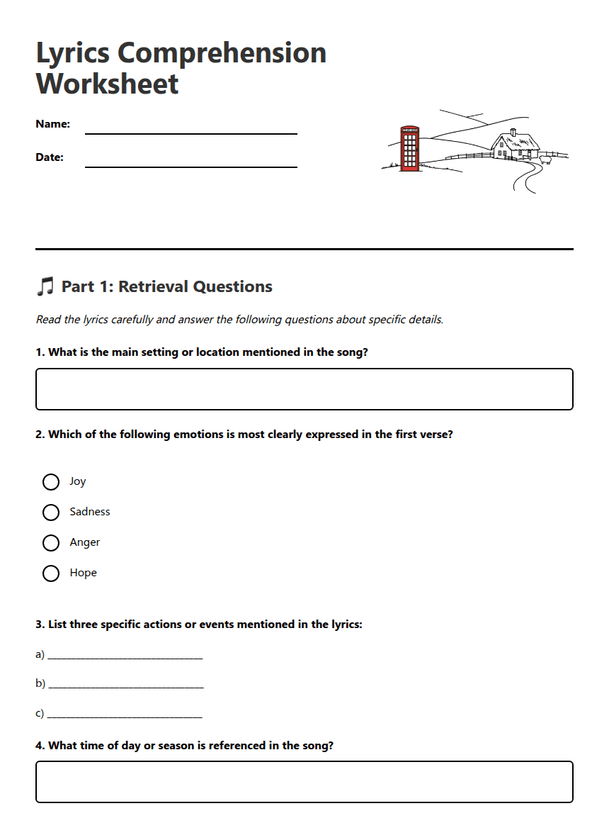 Lyrics Comprehension Worksheet worksheet preview