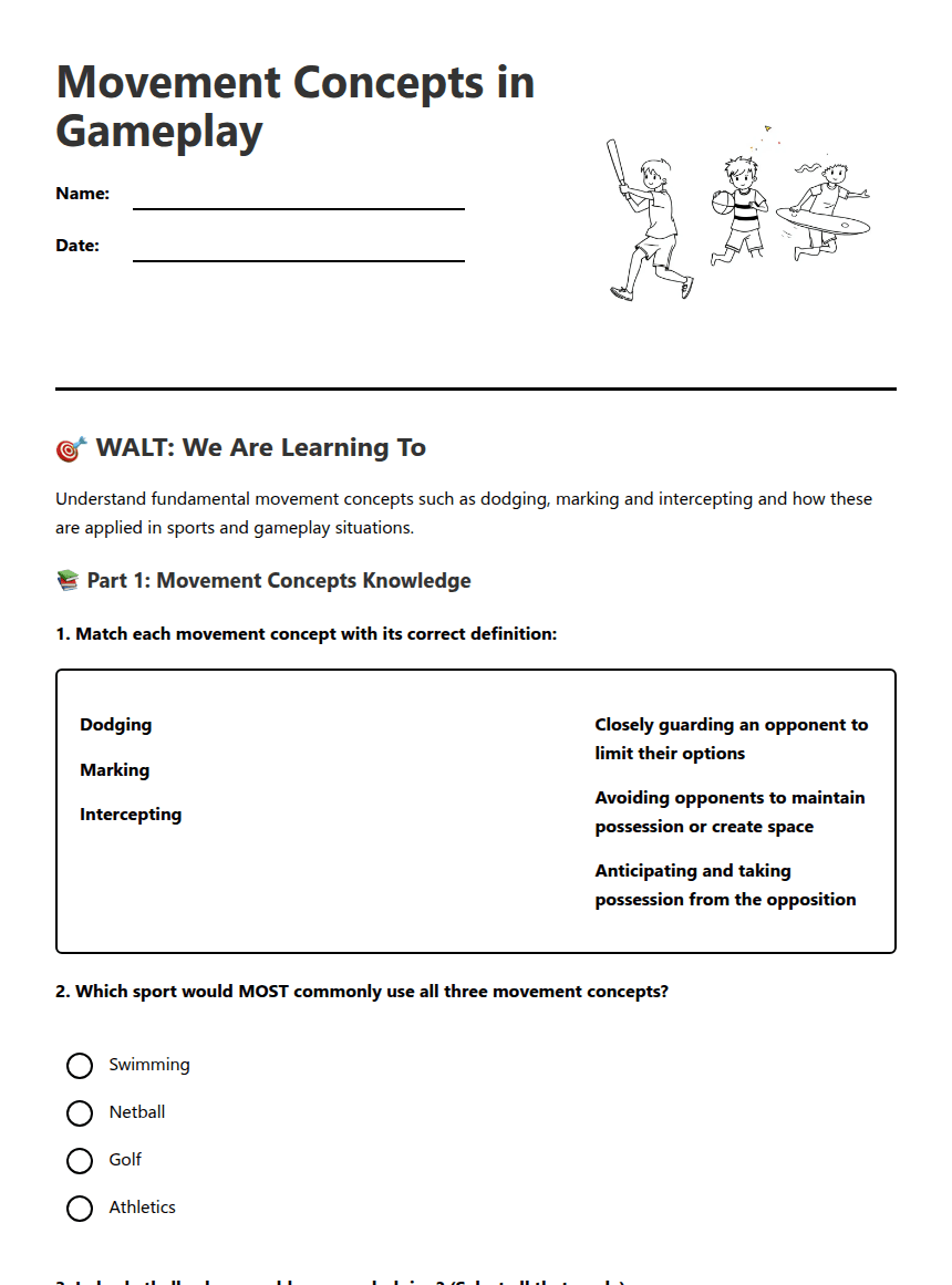 Movement Concepts in Gameplay worksheet preview