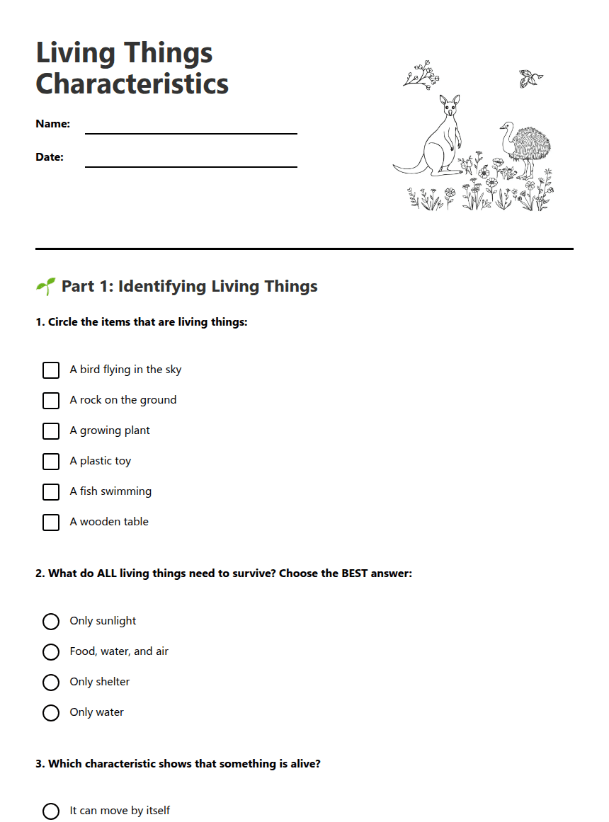 Living Things Characteristics worksheet preview