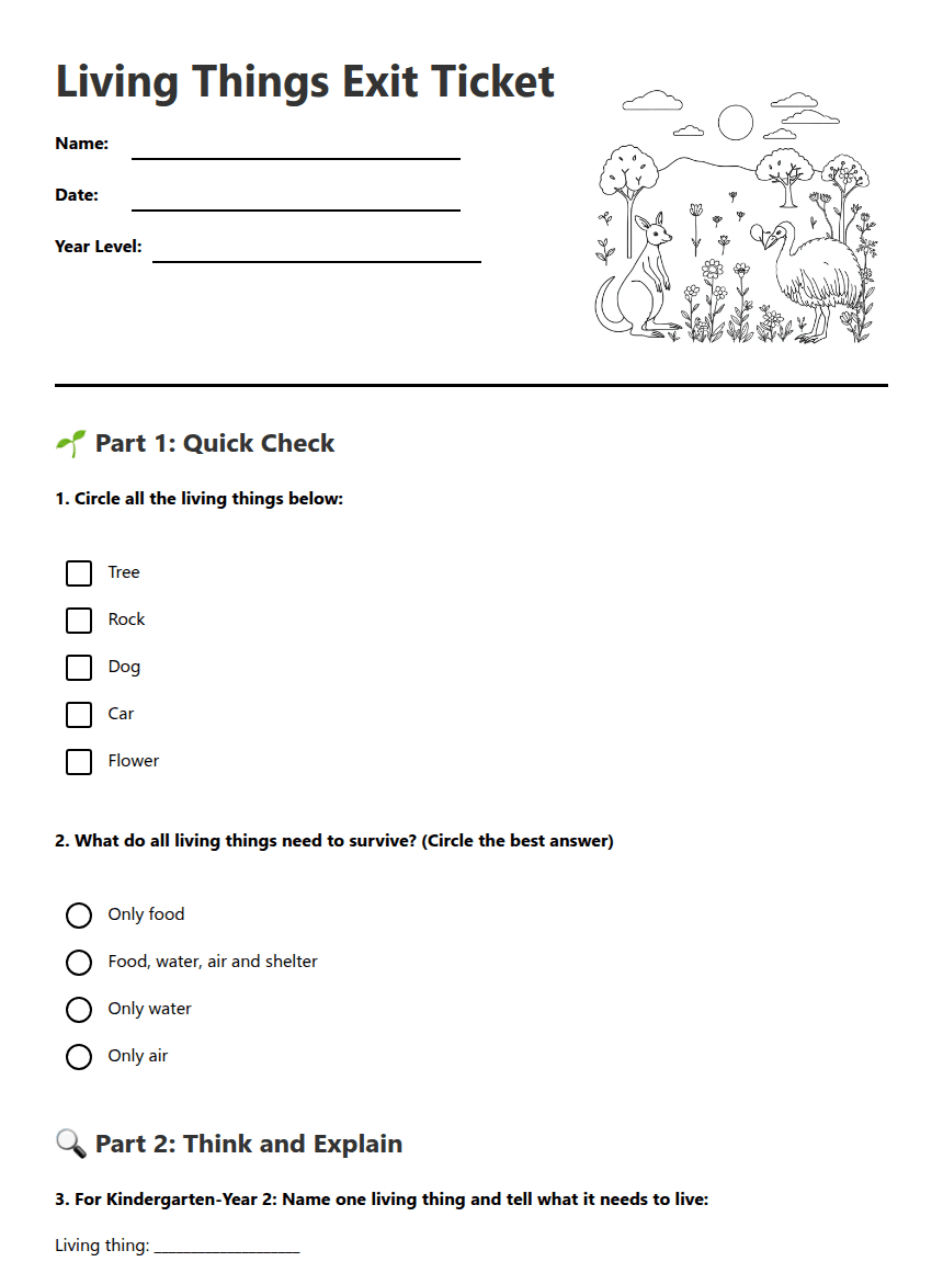 Living Things Exit Ticket worksheet preview