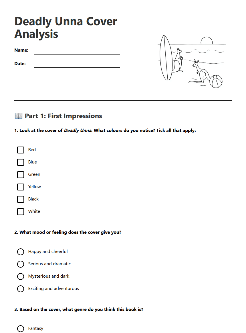 Deadly Unna Cover Analysis worksheet preview