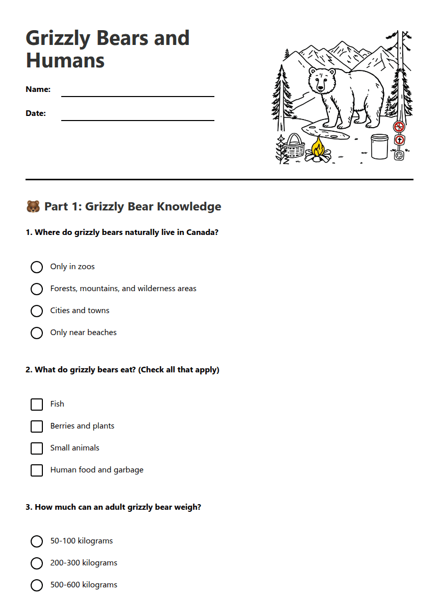 Grizzly Bears and Humans worksheet preview