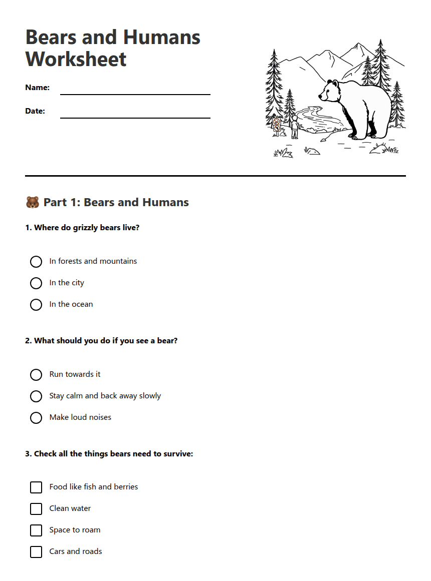 Bears and Humans Worksheet worksheet preview