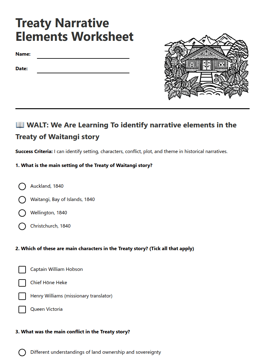 Treaty Narrative Elements Worksheet worksheet preview