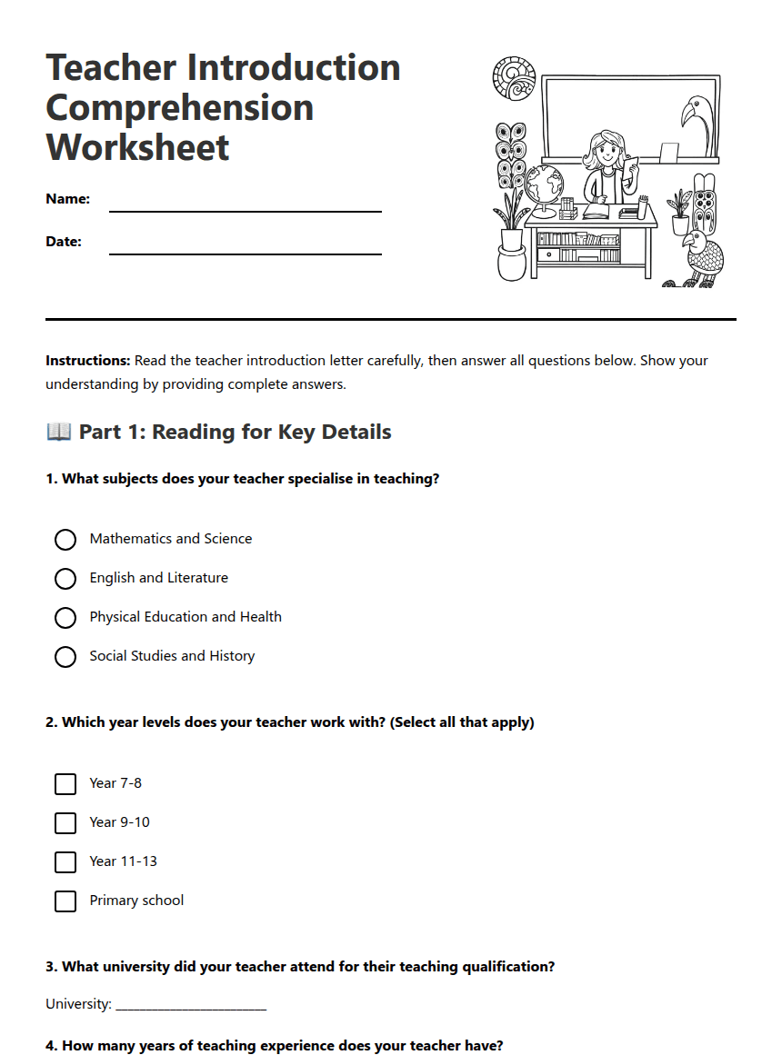 Teacher Introduction Comprehension Worksheet worksheet preview