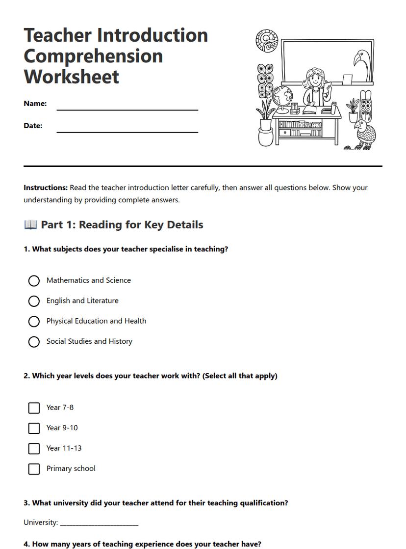 Teacher Introduction Comprehension Worksheet