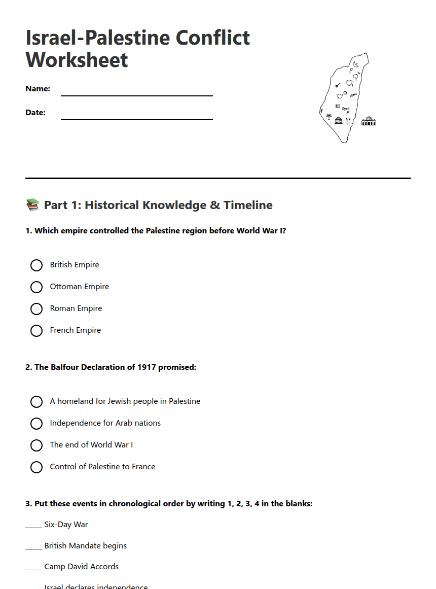 Israel-Palestine Conflict Worksheet worksheet preview