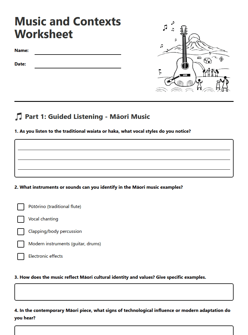 Music and Contexts Worksheet worksheet preview
