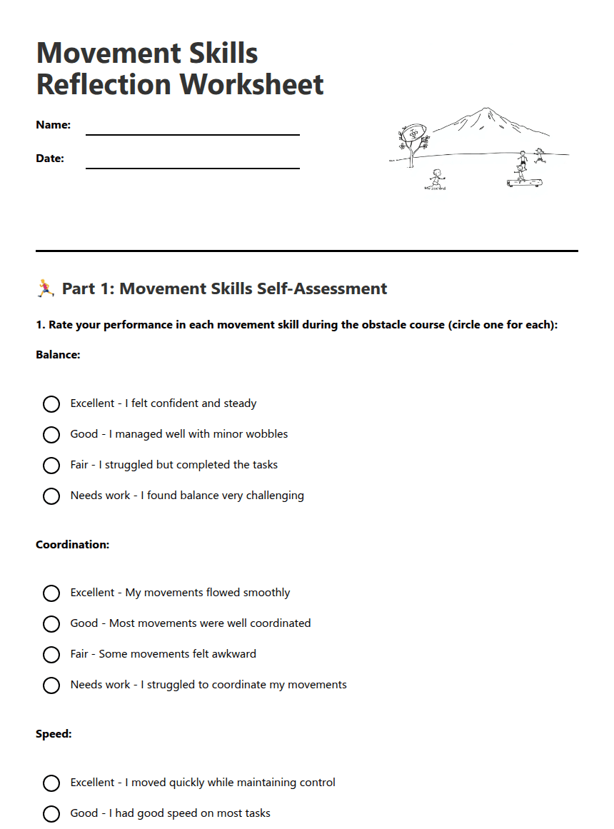 Movement Skills Reflection Worksheet worksheet preview