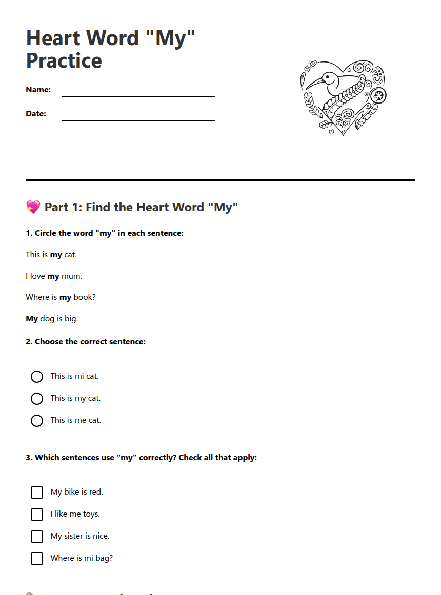 Heart Word "My" Practice worksheet preview