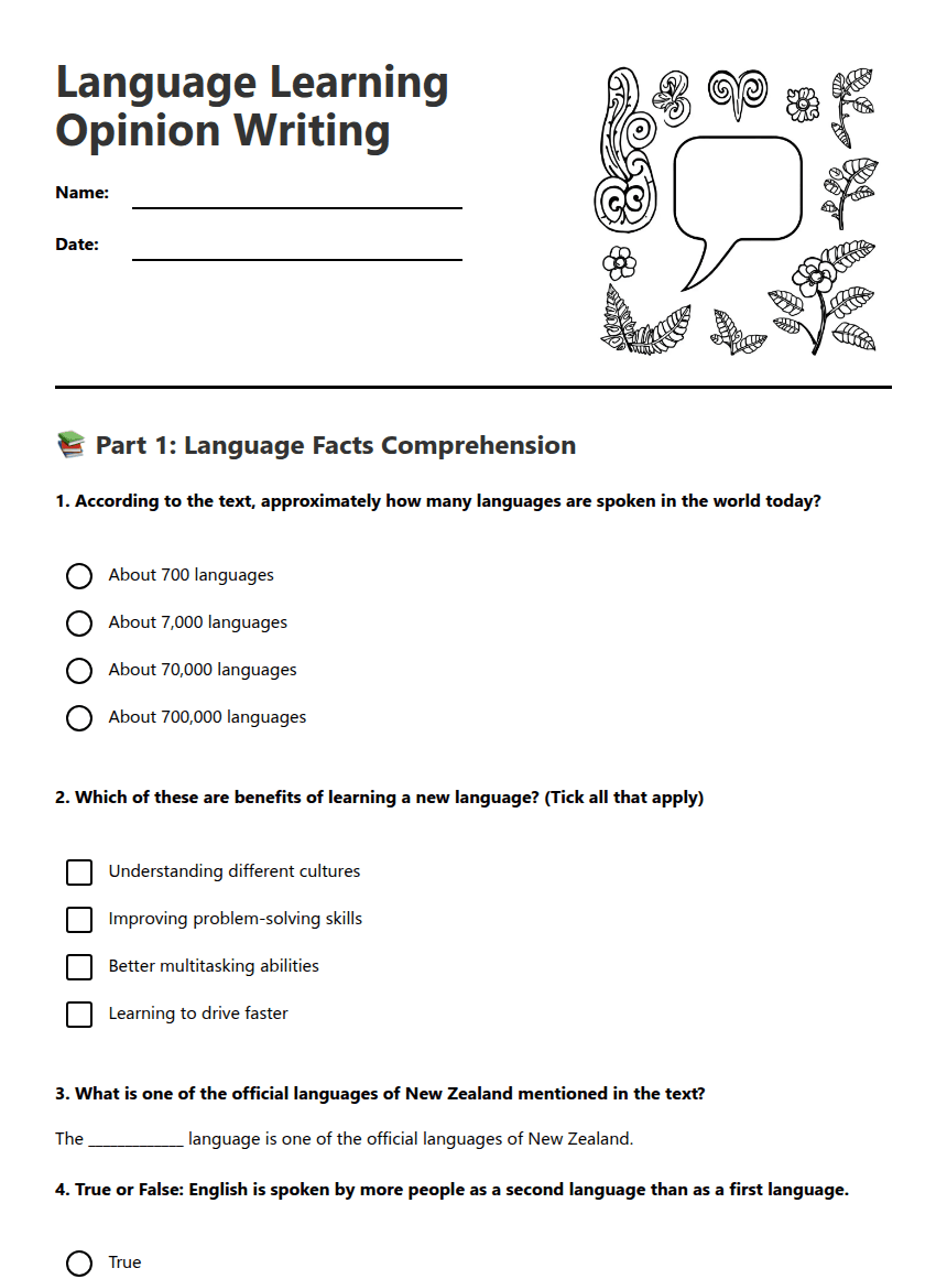 Language Learning Opinion Writing worksheet preview