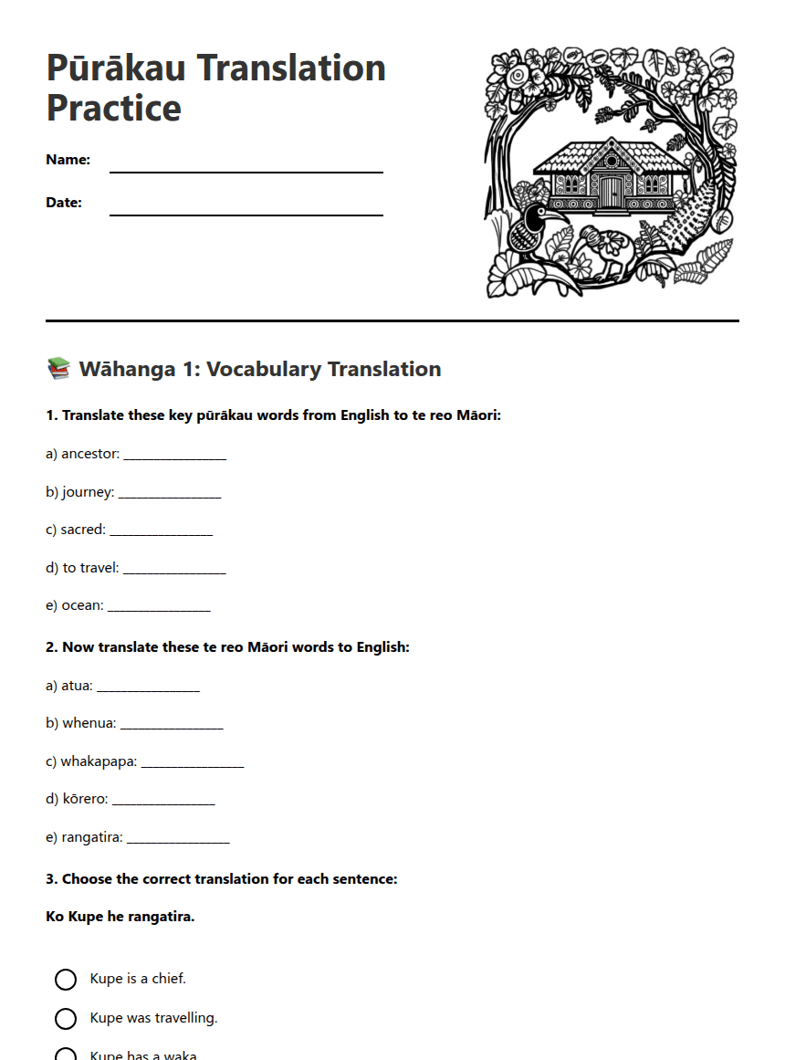 Pūrākau Translation Practice worksheet preview