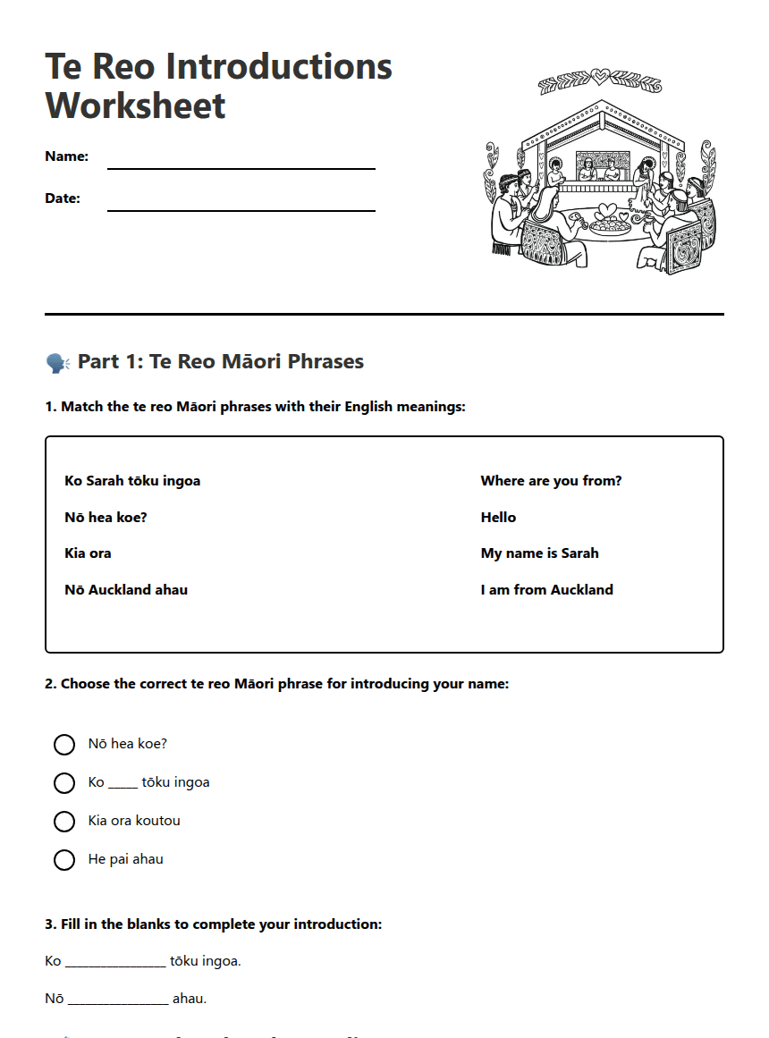 Te Reo Introductions Worksheet worksheet preview