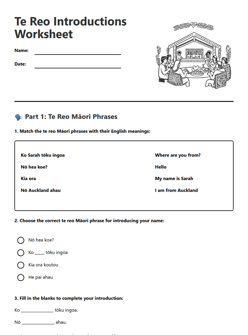 Te Reo Introductions Worksheet