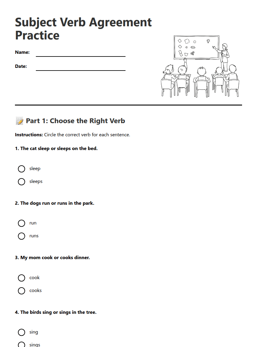 Subject Verb Agreement Practice worksheet preview