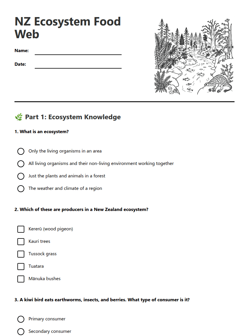 NZ Ecosystem Food Web worksheet preview