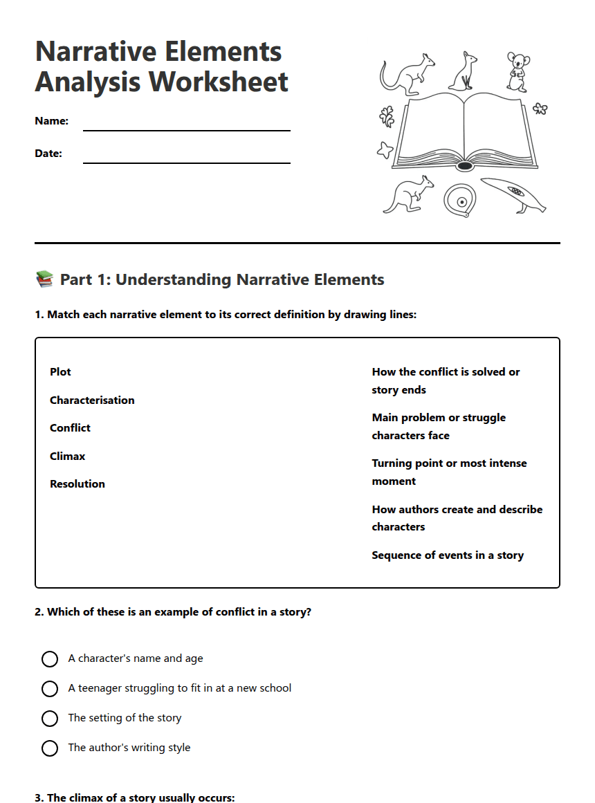 Narrative Elements Analysis Worksheet worksheet preview