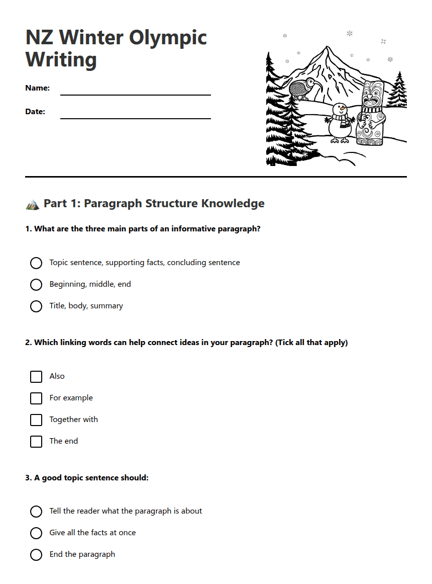 NZ Winter Olympic Writing worksheet preview