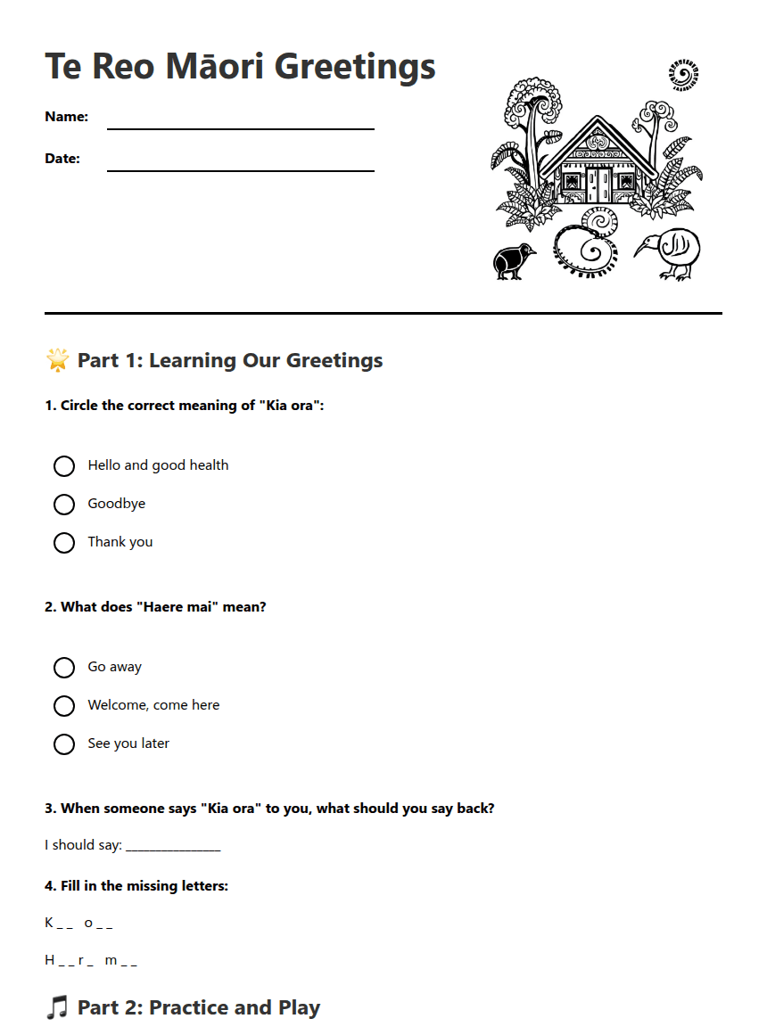 Te Reo Māori Greetings worksheet preview