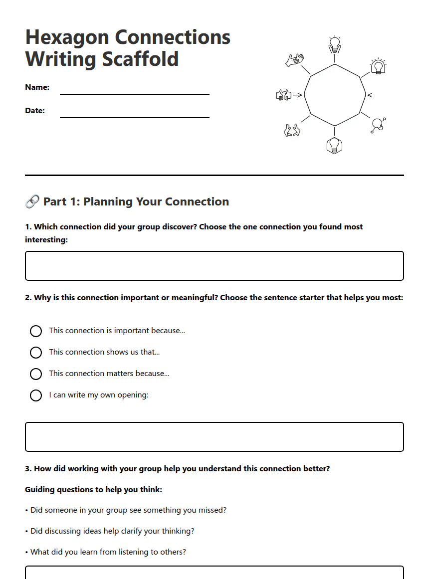 Hexagon Connections Writing Scaffold worksheet preview