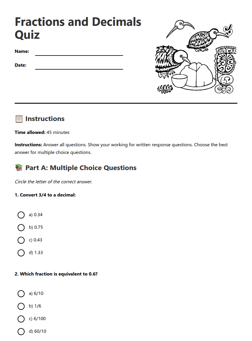 Fractions and Decimals Quiz worksheet preview