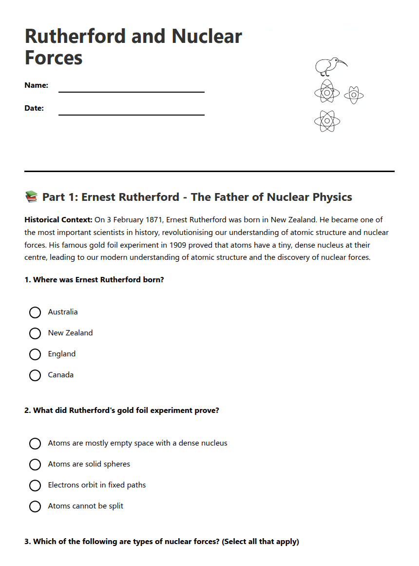 Rutherford and Nuclear Forces worksheet preview