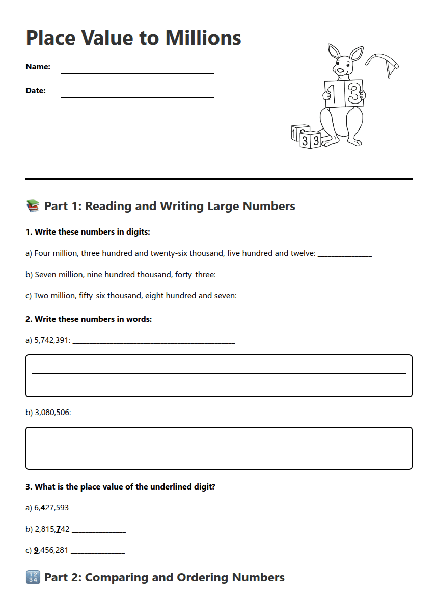Place Value to Millions worksheet preview